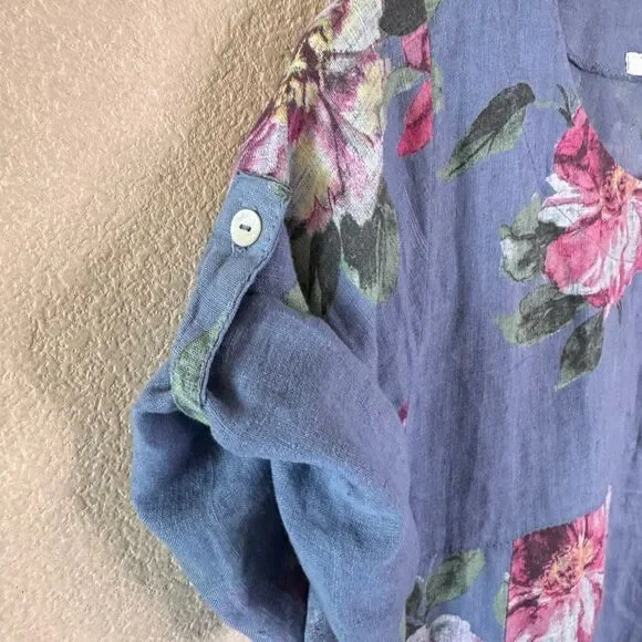 VASNA Lagenlook Linen Dress Blue Floral Made in Italy Oversized Pockets Boho M - Picture 4 of 13